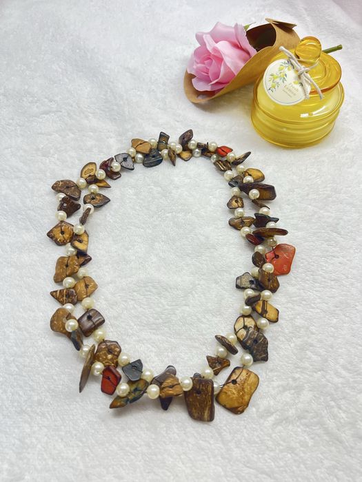 Naszyjnik boho etno etniczny vintage lata 90s handmade koraliki kawałki łupin orzecha kokosowego folk 1