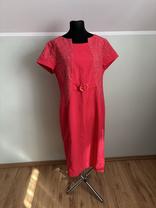 Koralowa sukienka wyjściowa elegancka wesele r.48 plus size krótka