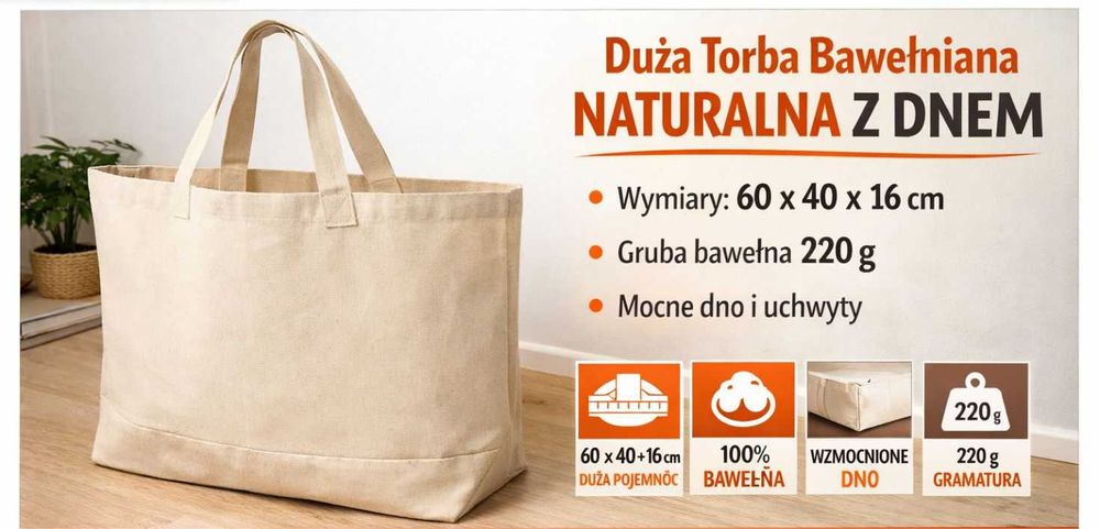 Duża torba bawełniana 60x40x16 cm 220g z dnem EKO Plażowa Zakupowa
