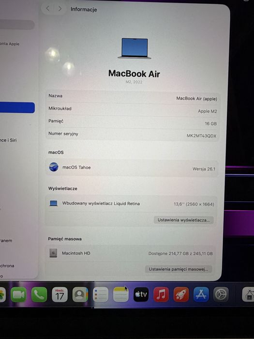 Macbook Air 13” M2 Silver 16/256gb Idealny Bateria 96%