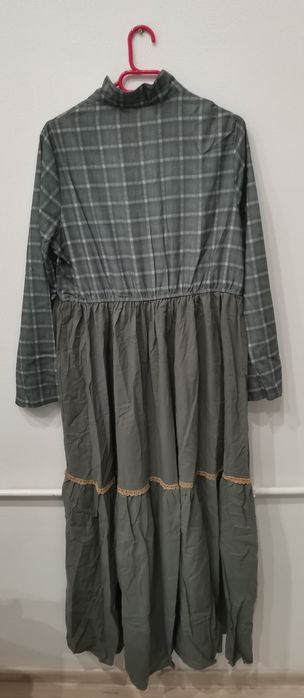 Nowa długa sukienka boho XL oliwkowa krata – zwiewna i wygodna