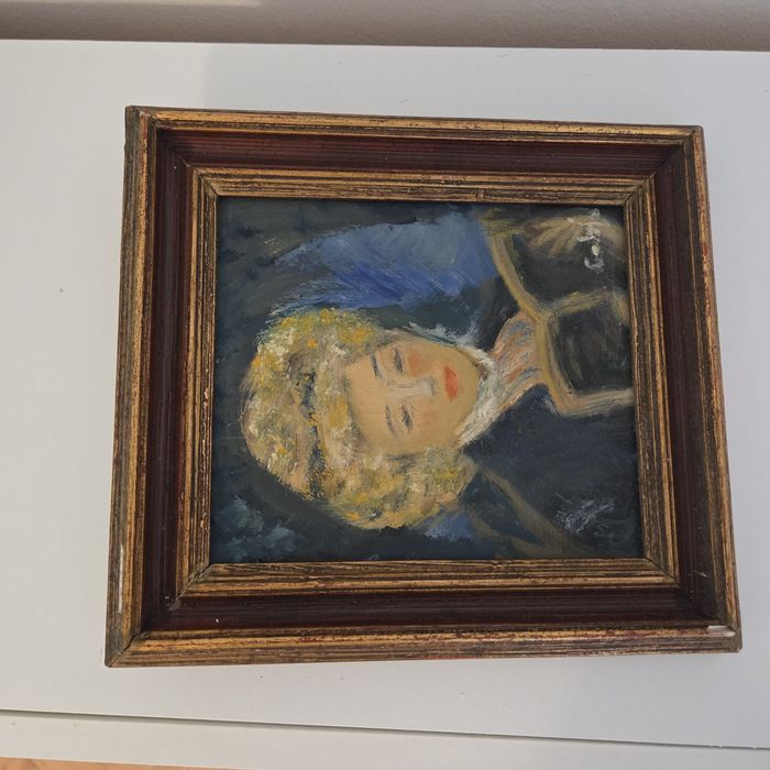 Antiga pintura em óleo com Moldura de Madeira Dourada