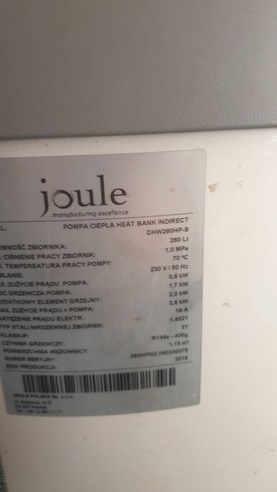 Pompa ciepla joule 260 l zbiornik nierdzewny.
