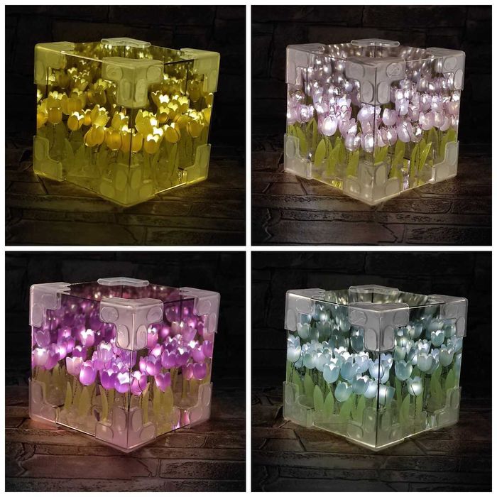 Готовий Нічник дзеркальний Куб з Тюльпанами / Набір для творчості