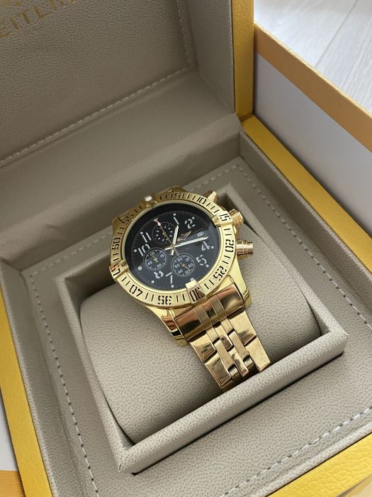 Zegarek męski w kolorze złotym – styl Breitling, czarna tarcza, pudełko
