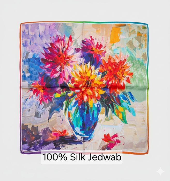 Nowa apaszka 100% jedwab (silk) Chusta kolorowy wzór kwiatowy – 53x53