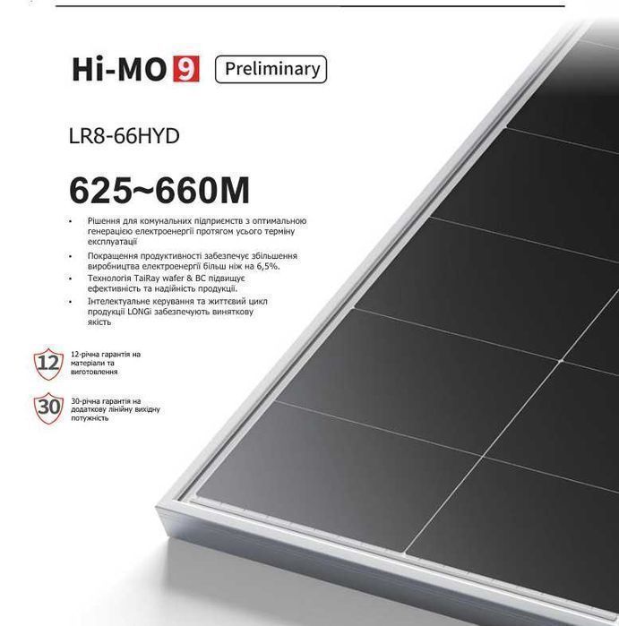 ‼️‼️110$НОВЕ ПОКОЛІННЯ Сонячних панелей LONGI Solar 655Вт Hi-MO 9, LR8-66HYD-650M, двосторонні, ККД 24.4%