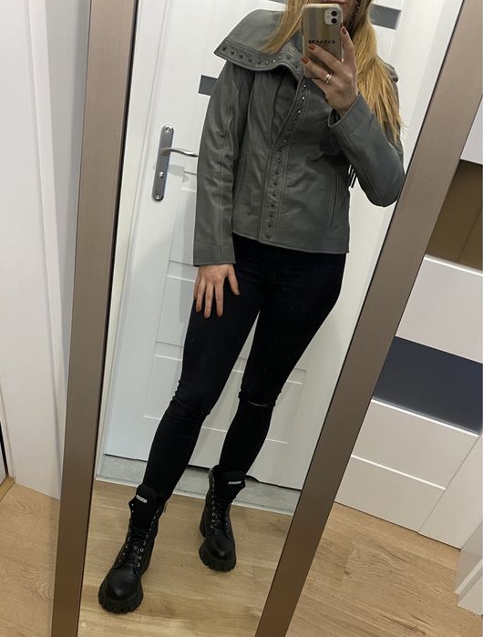 Kurtka skórzana skora naturalna szara z fredzlami rozm 36