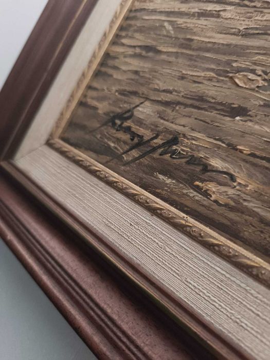 Quadro Antigo a Óleo – Aldeia Costeira Portuguesa – Assinado