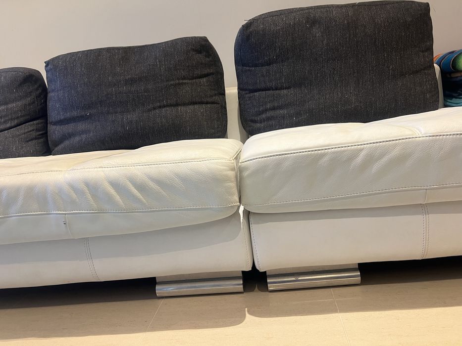 Sofá Luxo Premium 3/4 lugares branco Pele + cinzento penas Inox SPACE