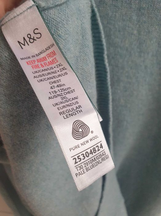 Turkusowy niebieski sweter męski 100% wełna wełniany XL 2XL M&S