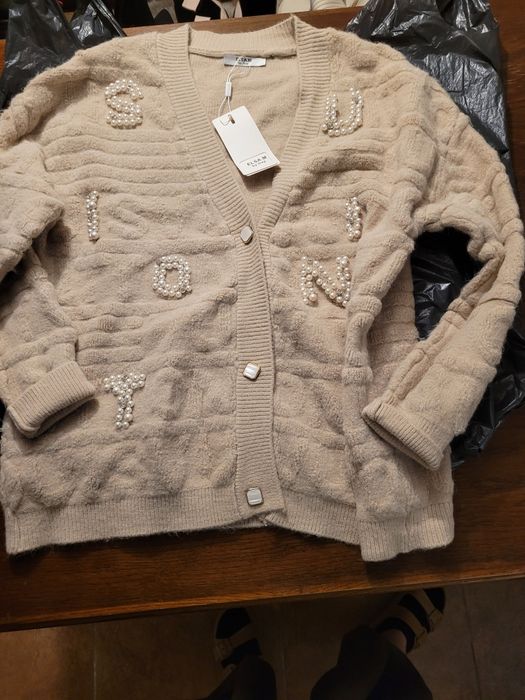 Sweter damski nowy beżowy zdobiony XXL