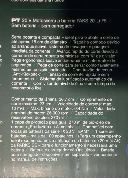 Motoserra com  bateria  4Ah 20V nova Parkside