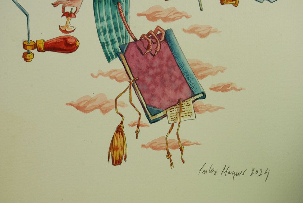 Aguarela original de Carlos Marques. Fantasia, surreal, Mocho.