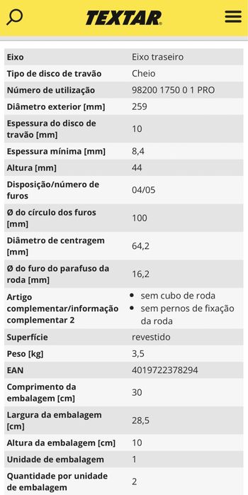 Vendo discos de travão pro da TEXTAR NOVOS