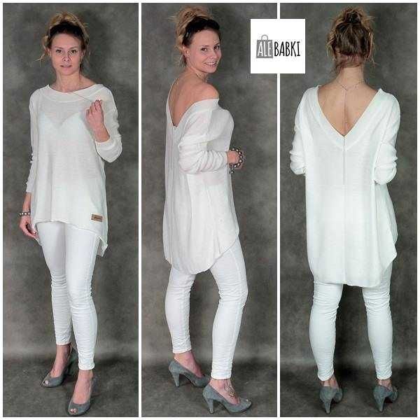 Włoski asymetryczny sweterek z dekoltem na plecach- oversize/ BIAŁY