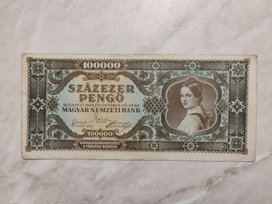 Banknot Węgry - 100 tys. pengo z 1945 r.