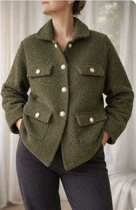 Żakiet narzutka kardigan baranek bukla teddy oliwkowy oversize
