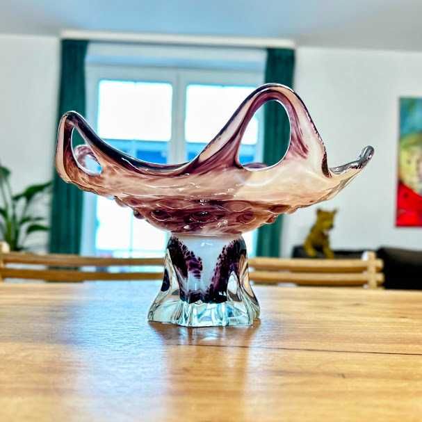 Patera misa na stopce 28cm szkło czeskie PRL Vintage styl Murano