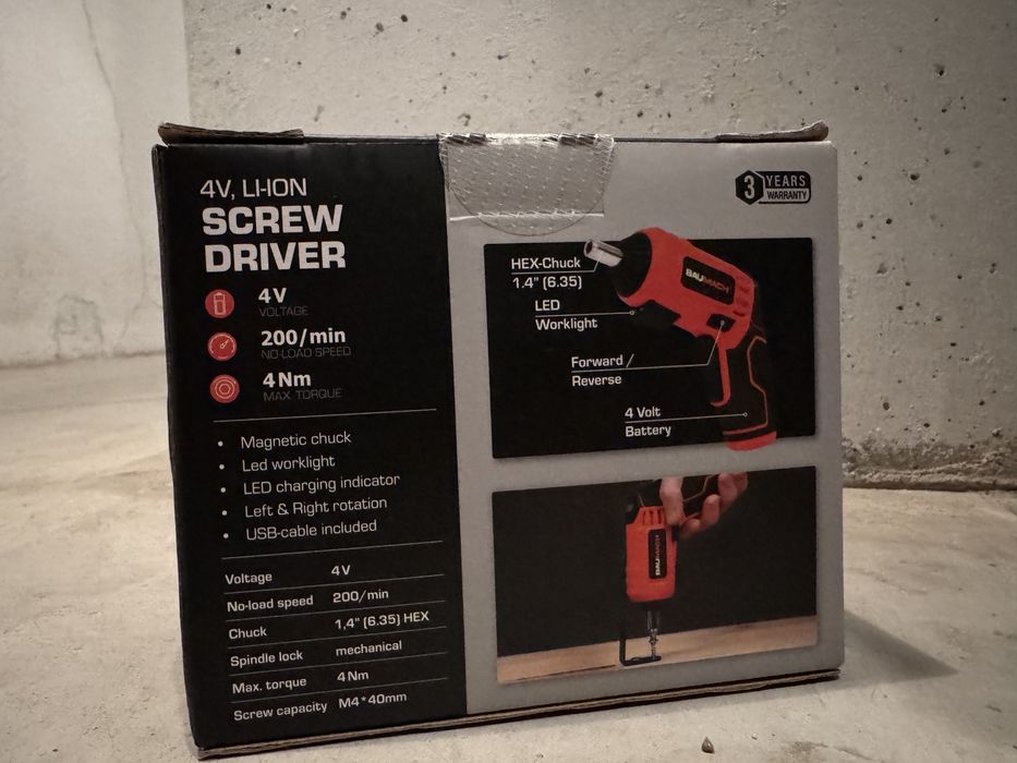 Wkrętarka akumulatorowa Baumach 4v Li-ion Srewdriver (+ bity) 3lata gw
