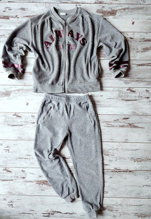 Zara, szary welurowy dres, komplet, bluza na suwak i spodnie r. 134