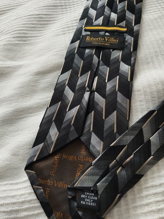 Męski jedwabny krawat 100% silk, szary geometryczny wzór, 10 cm, Rober