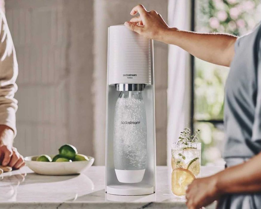 SodaStream Terra Biały + 2x 1L Butelka + 0.5L + Nabój CO2 EKO Zestaw