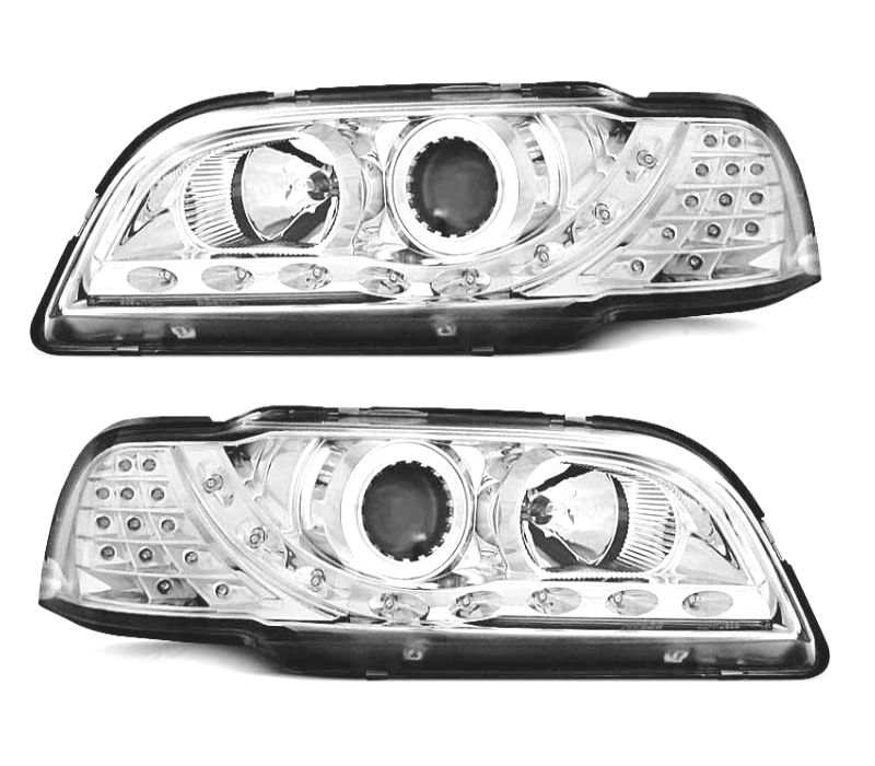 FARÓIS COM LUZ DIURNA LED VOLVO S40 V40 96-00 FUNDO CROMADO
