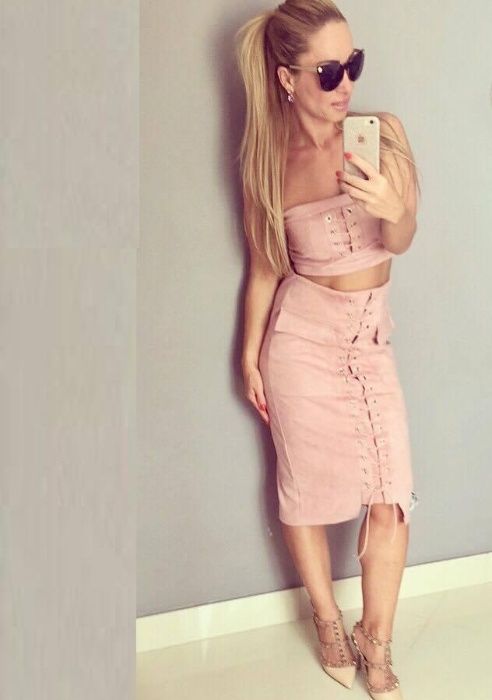 LUX Komplet ołówkowa spódnica top zamsz S pudrowy róż %%%