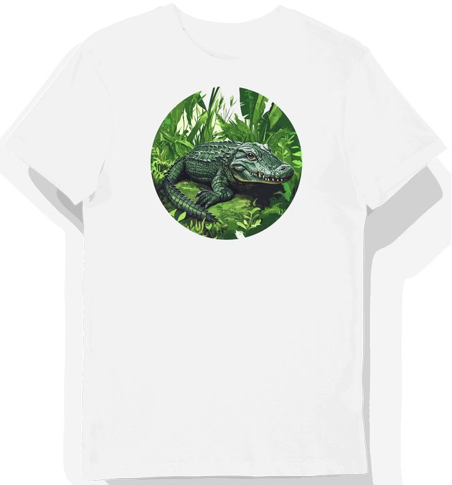 Koszulka męska biała z motywem krokodyla w zielonej scenerii L