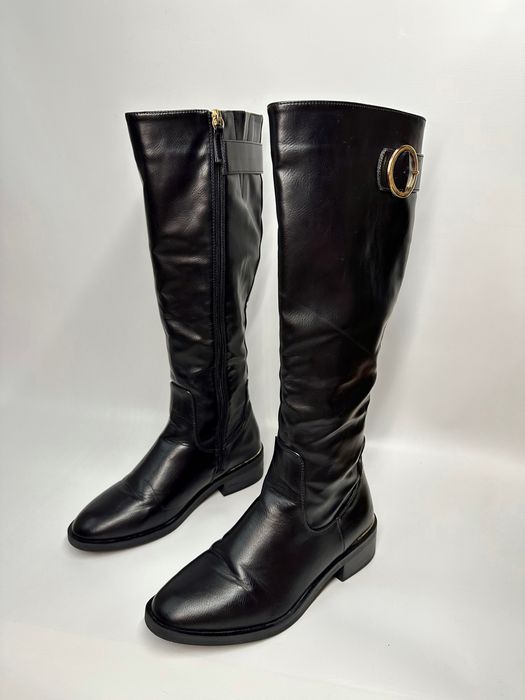 Високі чорні ботинки зі штучної шкіри без каблука, розмір 37, б/у