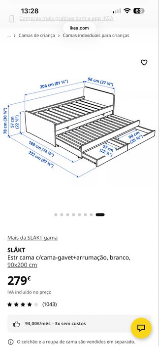 Cama dupla com mais 2 gavetas de arrumação SLÄKT