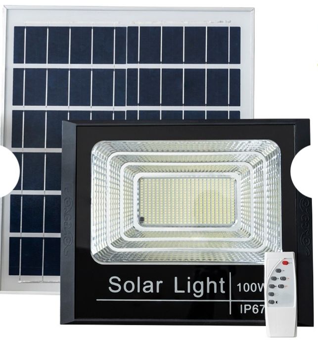 Kit Projector LED 100W Branco F. 6000K c/ Sensor + Painel Solar (IP65)