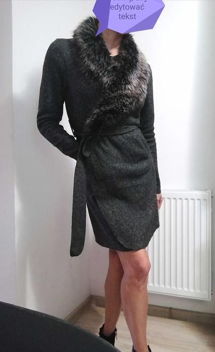 Płaszcz z futerkiem futrem przejściowy kołnierzem 36