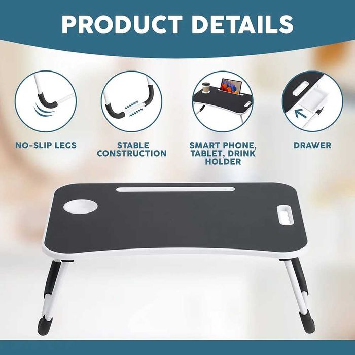 Stolik pod laptopa z szufladą, czarny - stolik pod łóżko, składany