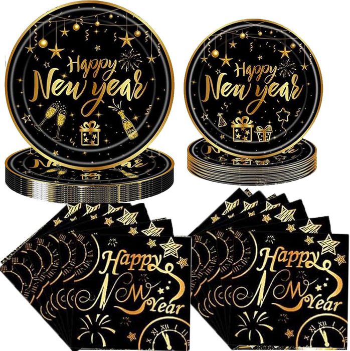Zestaw naczyń papierowych - 72 el, czarno-złoty, Happy New Year