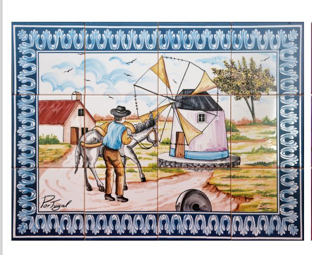 Painel Azulejos MOINHOS Agricultor Burro Típicos Quadro Imagem típica