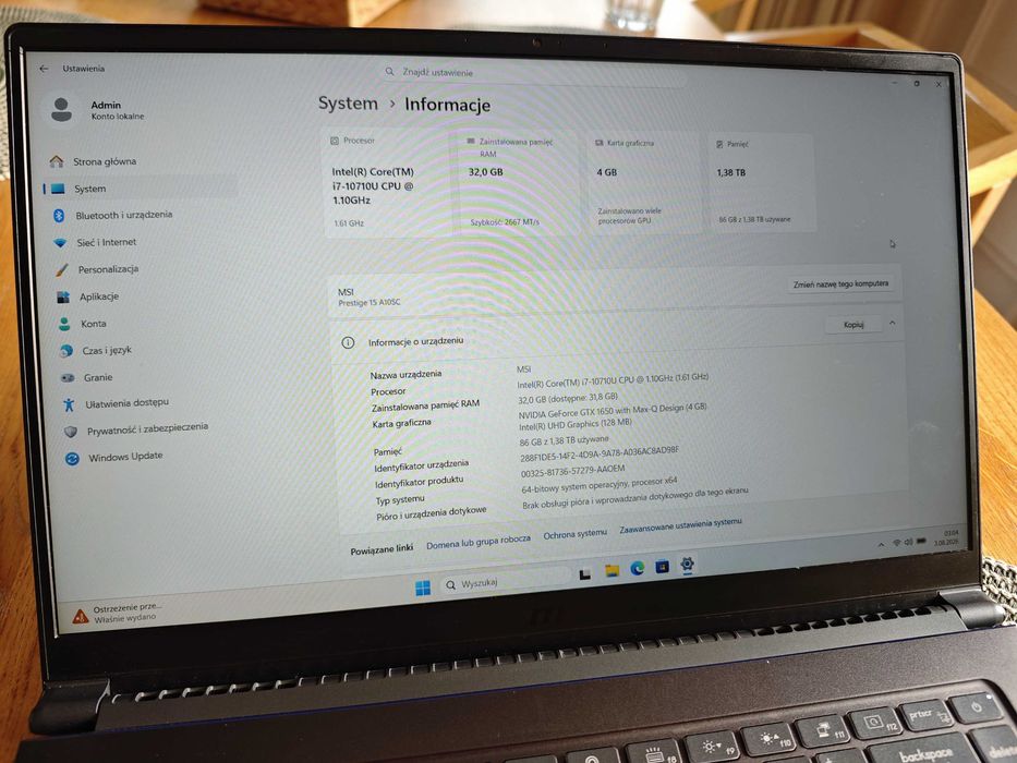 MSI Prestige 15 i7-10710U 32GB RAM GTX 1650 1,5TB SSD Windows 11