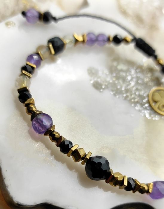 Bransoletka sznureczek kamienie naturalne Turmalin / Ametyst / Cytryn