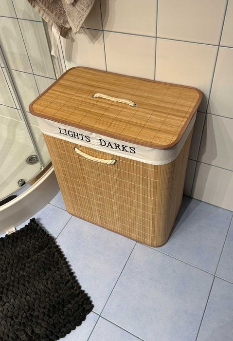 Duży Kosz Bambusowy na Pranie 100L Organizer Dwukomorowy Loft