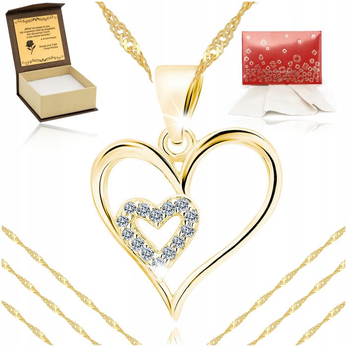 Złoty Naszyjnik Serce Łańcuszek Singapur + Zawieszka Serduszko 925 + G