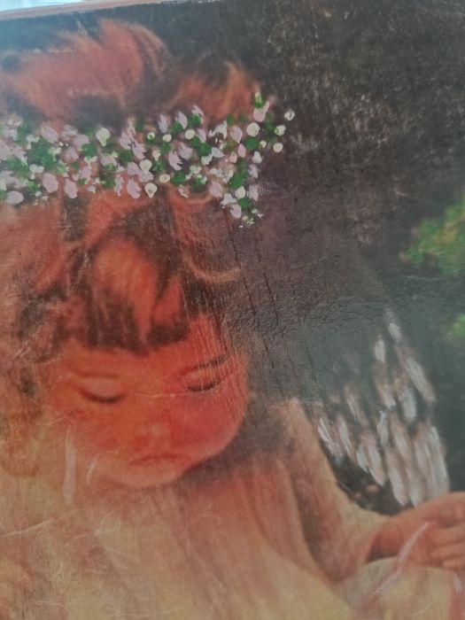 Aniołek i zajączek, obrazek na drewnie decoupage