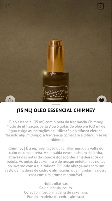 (15 ML) Óleo Essencial CHIMNEY Zara Home NOVO