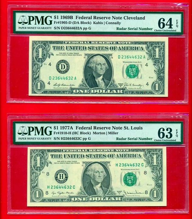 2x notas PMG $1 dos E.U.A. - RF - Mesmo Número Capicua Unc