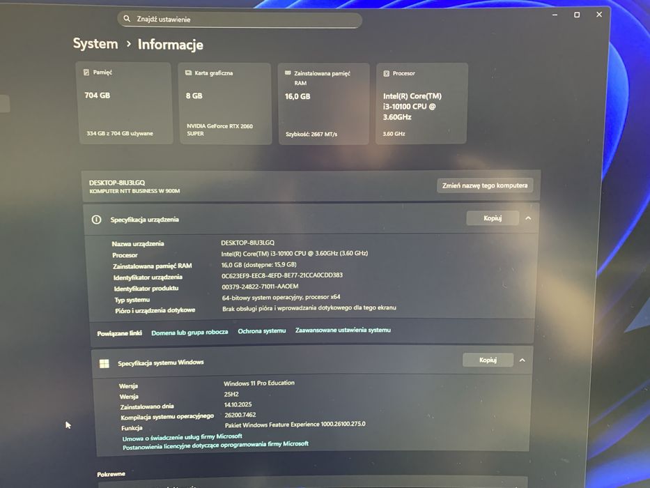 Komputer PC intel 10100 4c/8t 16 GB ram RTX 2060 super 740 GB ssd