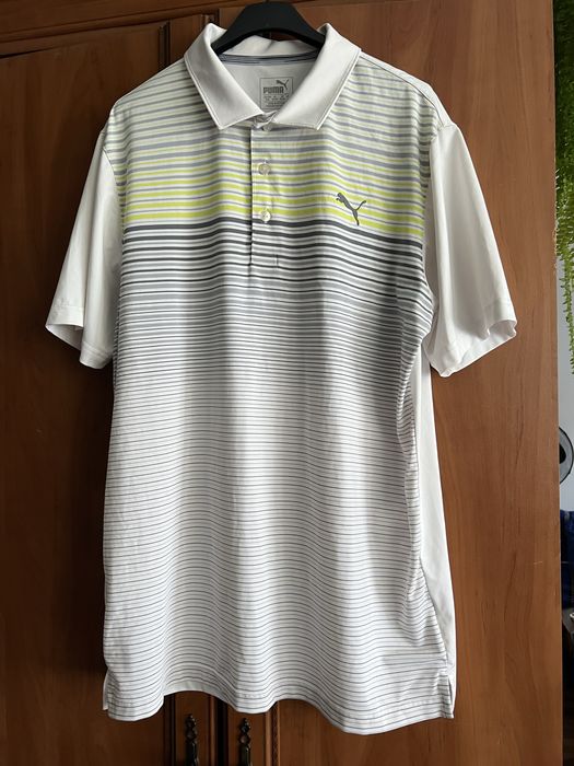 Puma polo w paski biało-szare z neonowym akcentem