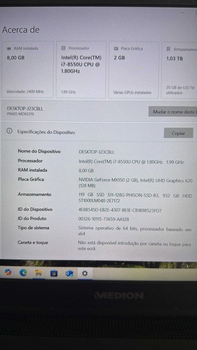 Portátil Intel Core i7-8550U, 8 GB RAM com NVidia MX150-2GB