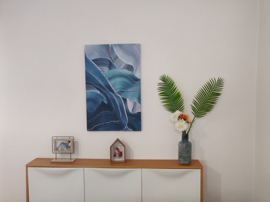 Tela grande abstrata azul , verde água e prata 54x85