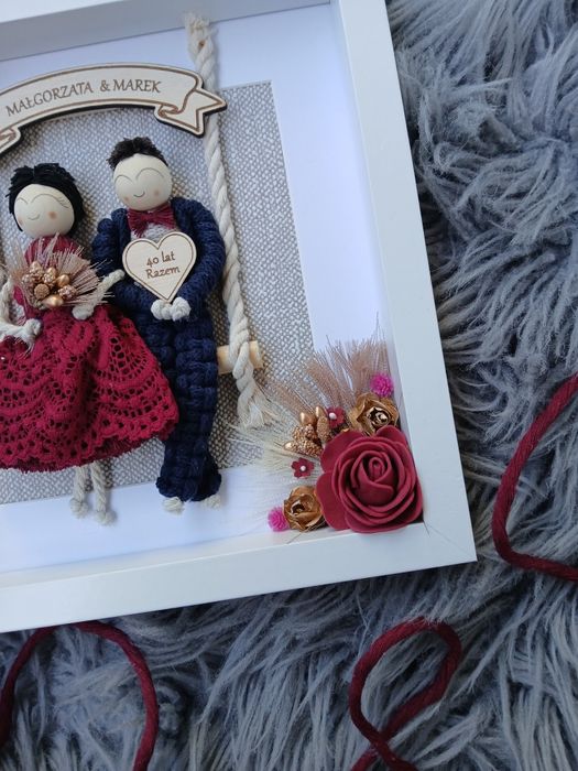 Pamiątka 40 rocznicy ślubu ramka na rubinowe gody makrama
