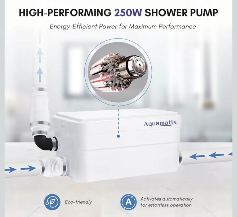 Bomba de Chuveiro Aquamatix Duscha 250W com Triturador, Compacta, para Esgoto de Banheiro, com Alcance Vertical de 10m e Vazão de 135L/min,
